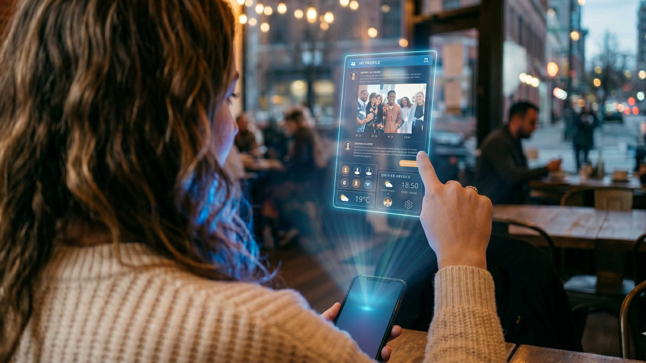 Image 2: An AI generated image of a woman using a holographic smartphone in a coffee shop