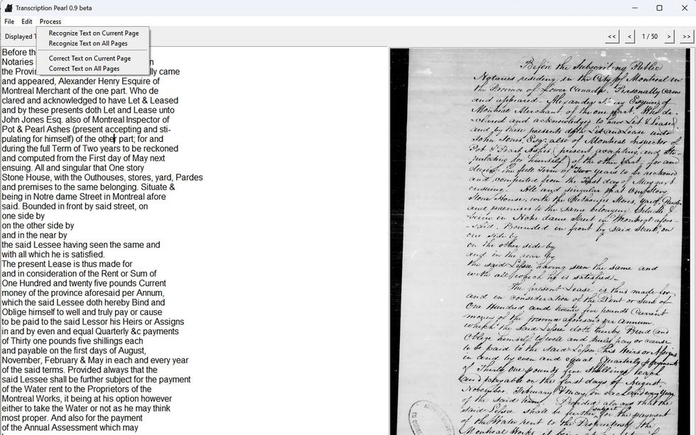 A transcription software\u2019s computer interface, with digitized text displayed across from a historical handwritten document.